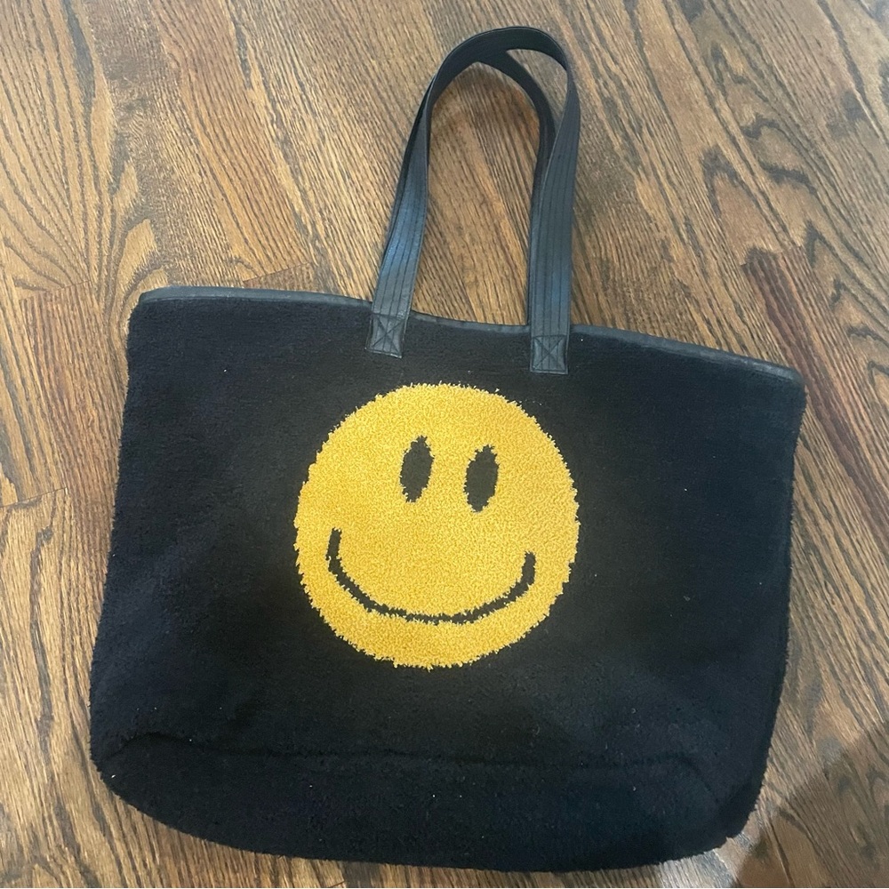 COMFYLUXE Smiley Sherpa Tote Black Fuzzy Canvas Lined Smile Face Bag - Picture 3 of 11
